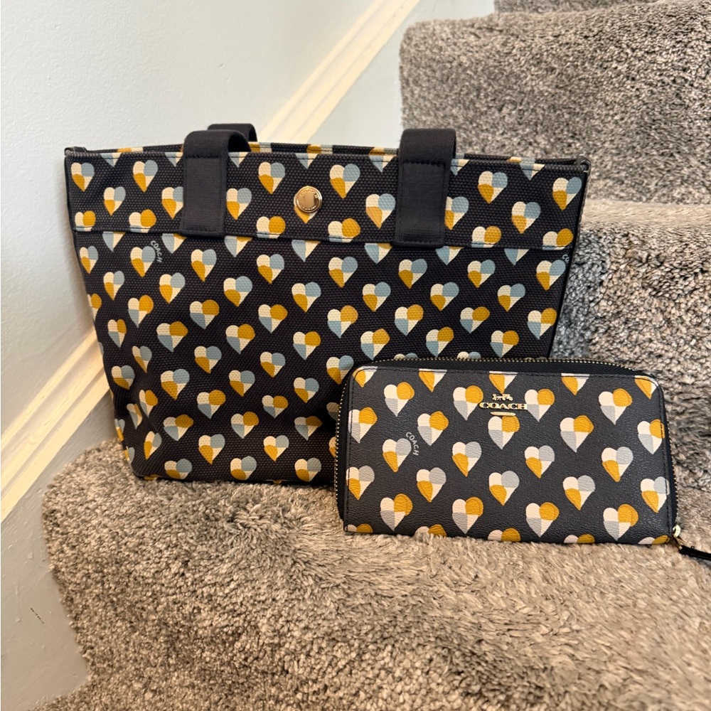 Coach Small Canvas Tote in Checker Heart/Matching long zip around wallet